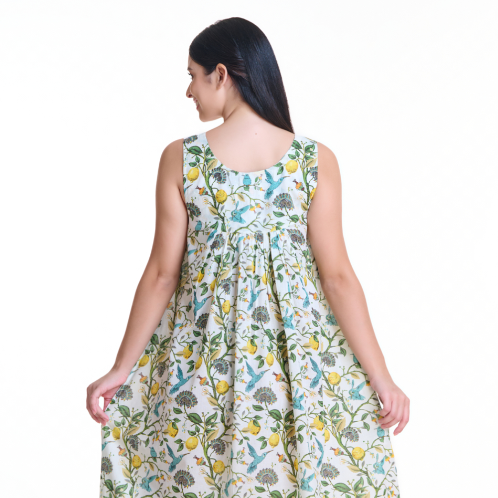 Woman wearing a floral dress on a white background