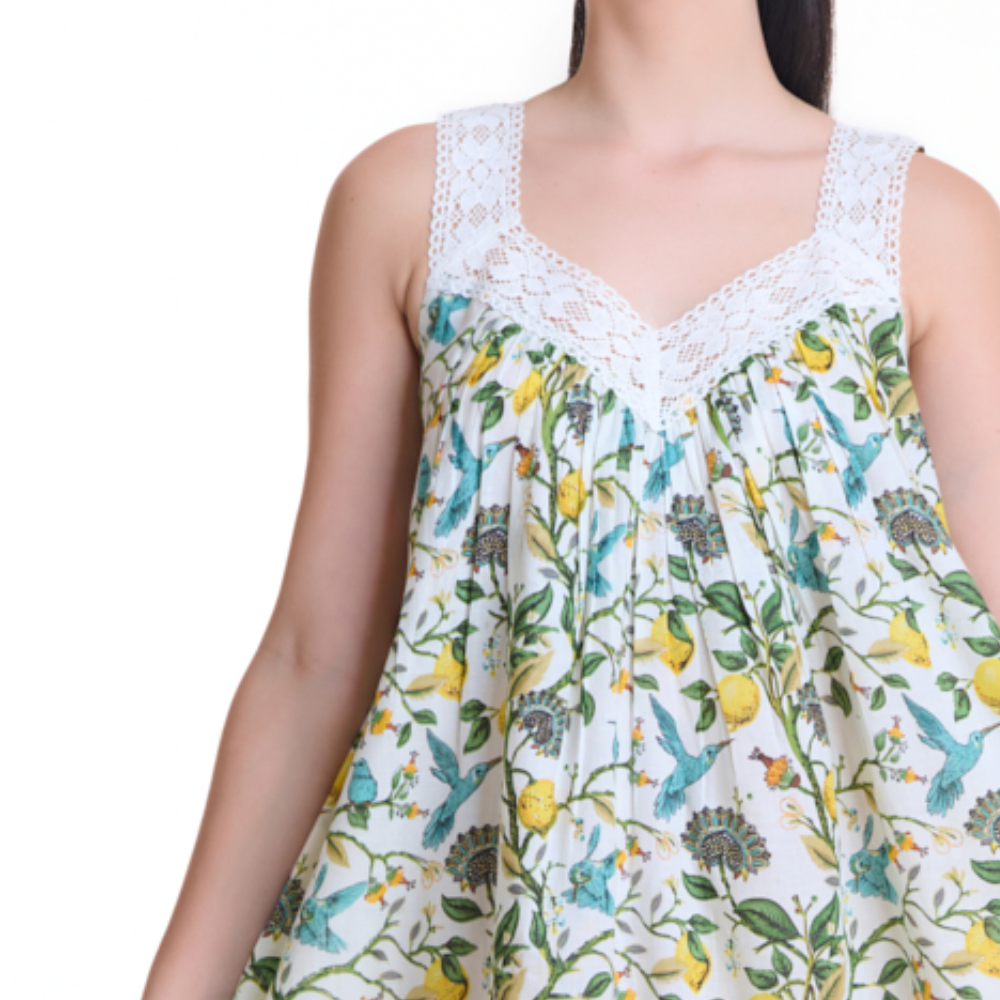 Sleeveless cotton nightie with lace V-neck and colourful hand-block pattern