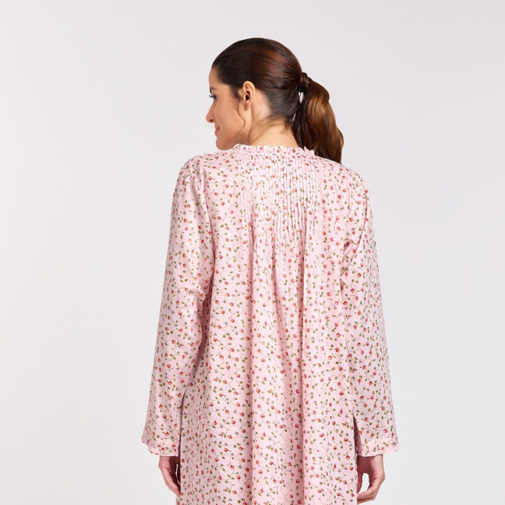 Back view of the Rosie Long Sleeve Nightie showing delicate pleating and full-length sleeves in pink rosebud print cotton.