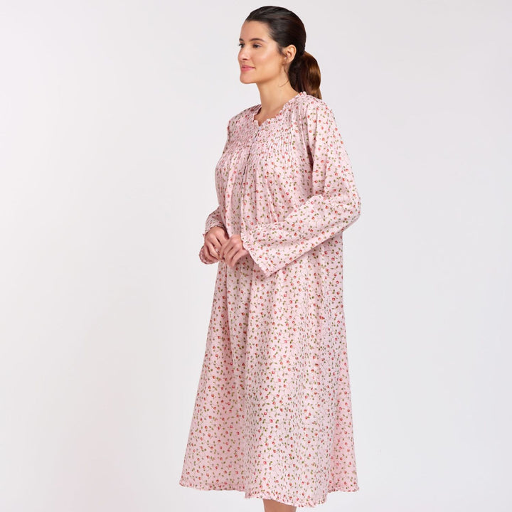 Side view of the Rosie Long Sleeve Nightie worn by model, highlighting the relaxed fit, floral fabric, and soft sleeve drape.