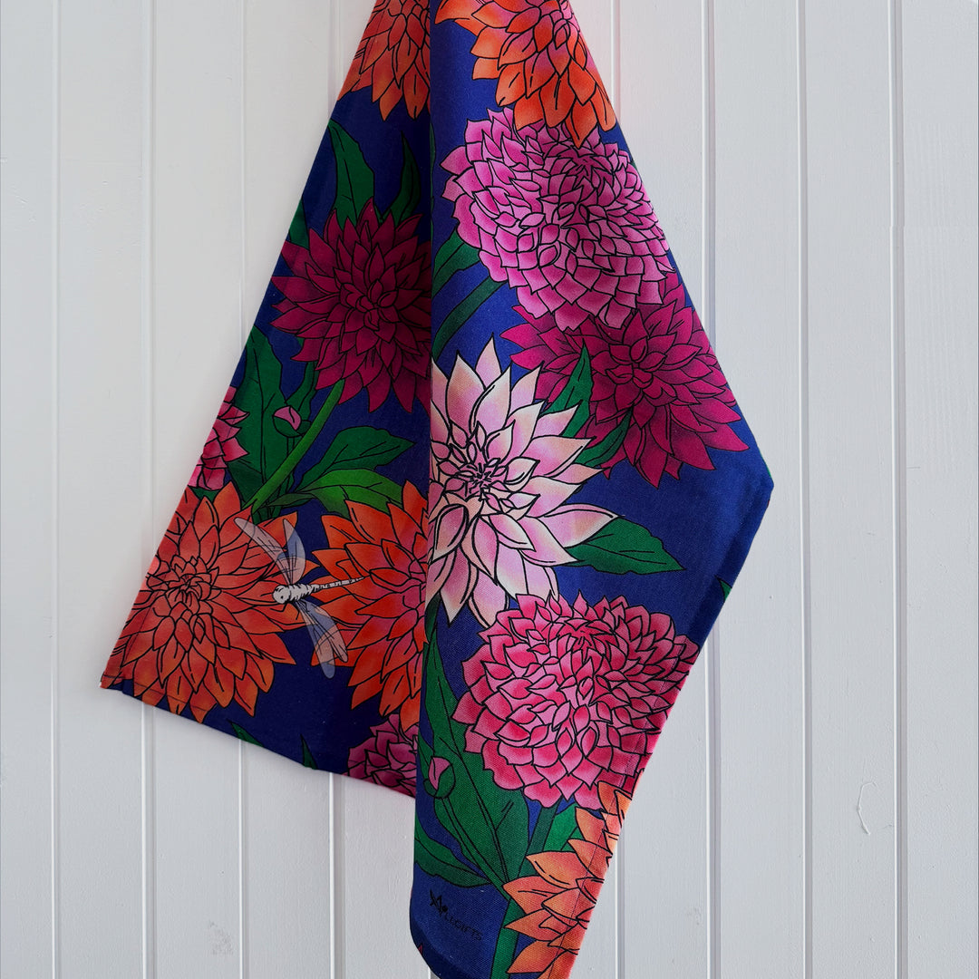 Dahlia blooms tea towel