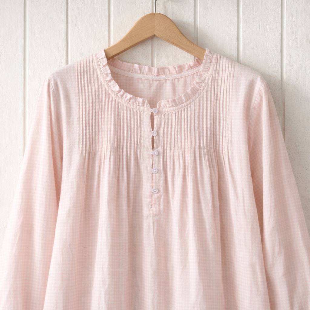 Pink blouse on a wooden hanger against a white paneled wall