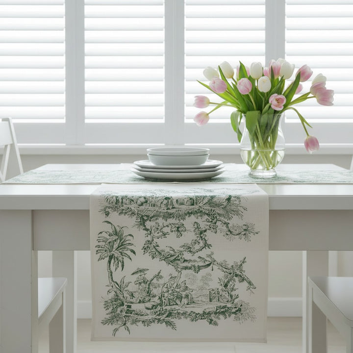 Green chinoiserie Linen Table Runner