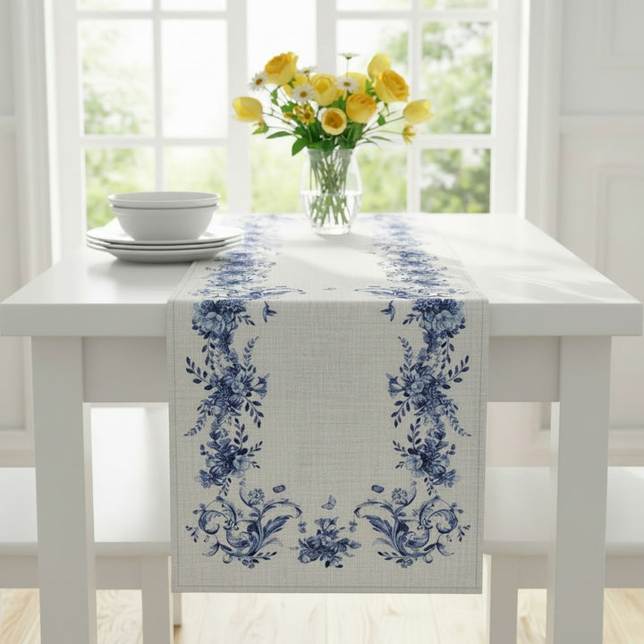 Blue Toile Linen Table Runner