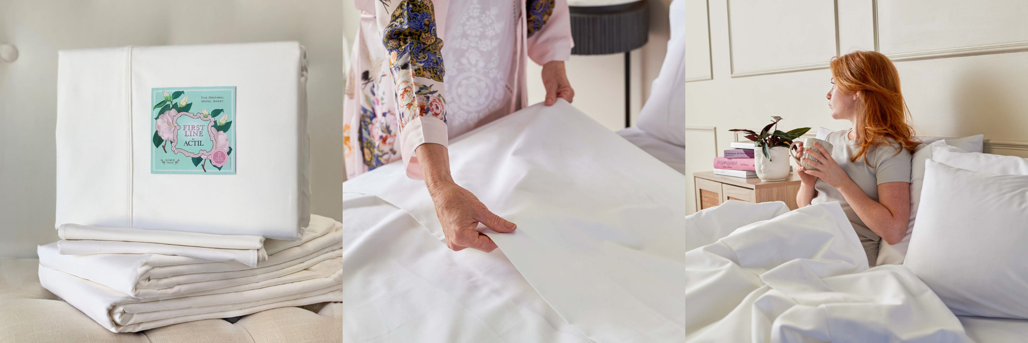 Set of folded white bedding with a decorative pillow, person making a bed, and woman sitting on a bed with white bedding.