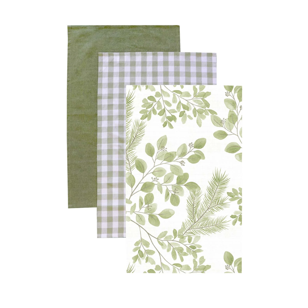 Gumdrop Tea Towel Set – Pack of 3 with green botanical print, gingham check, and solid green cotton