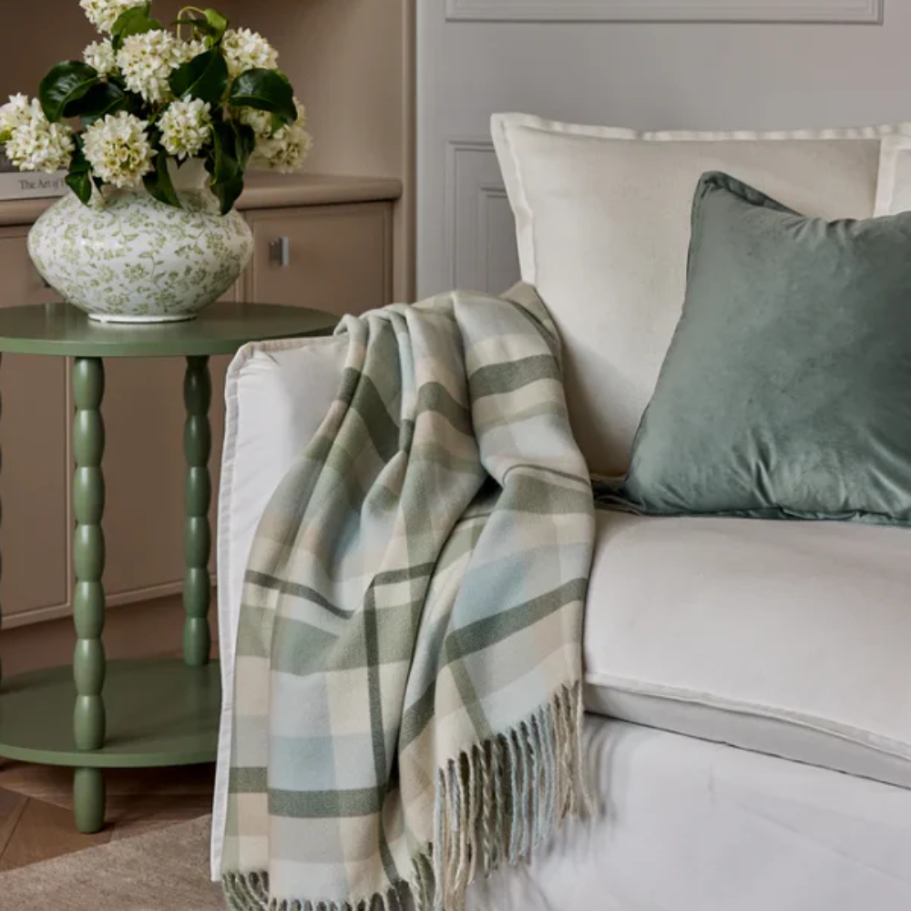 Cozy living room with a plaid blanket draped over a sofa, a vase of flowers on a side table, and a neutral color palette.