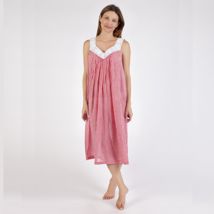 Red Gingham V-neck Lace Cotton Nightie