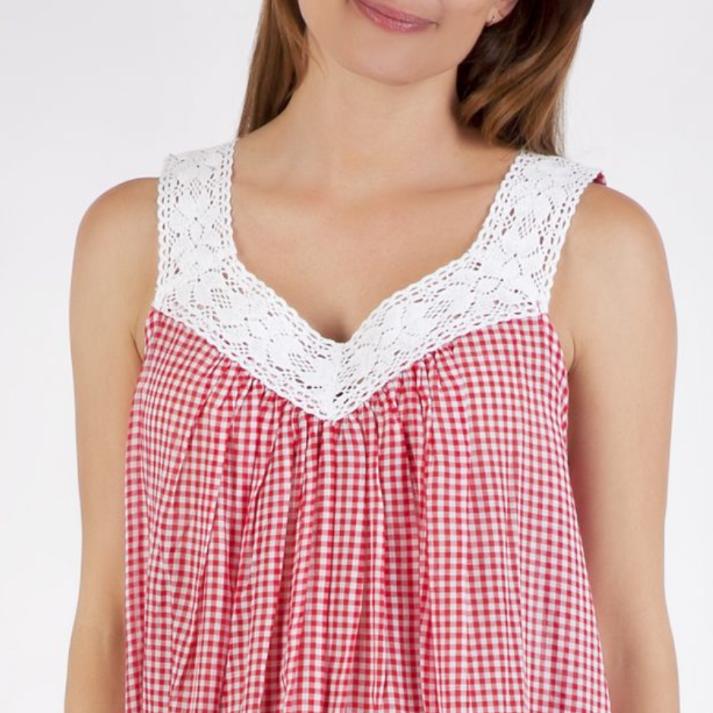 Red Gingham V-neck Lace Cotton Nightie
