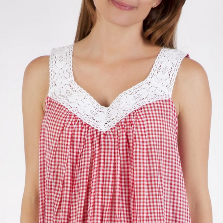 Red Gingham V-neck Lace Cotton Nightie