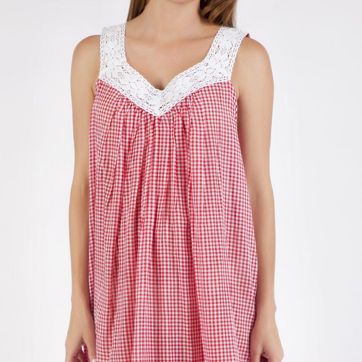 Red Gingham V-neck Lace Cotton Nightie