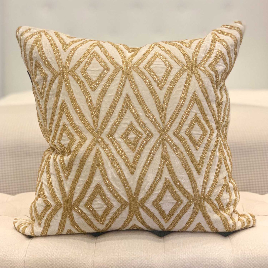 Marrakech Beaded Cushion cream The Bedspread Shop