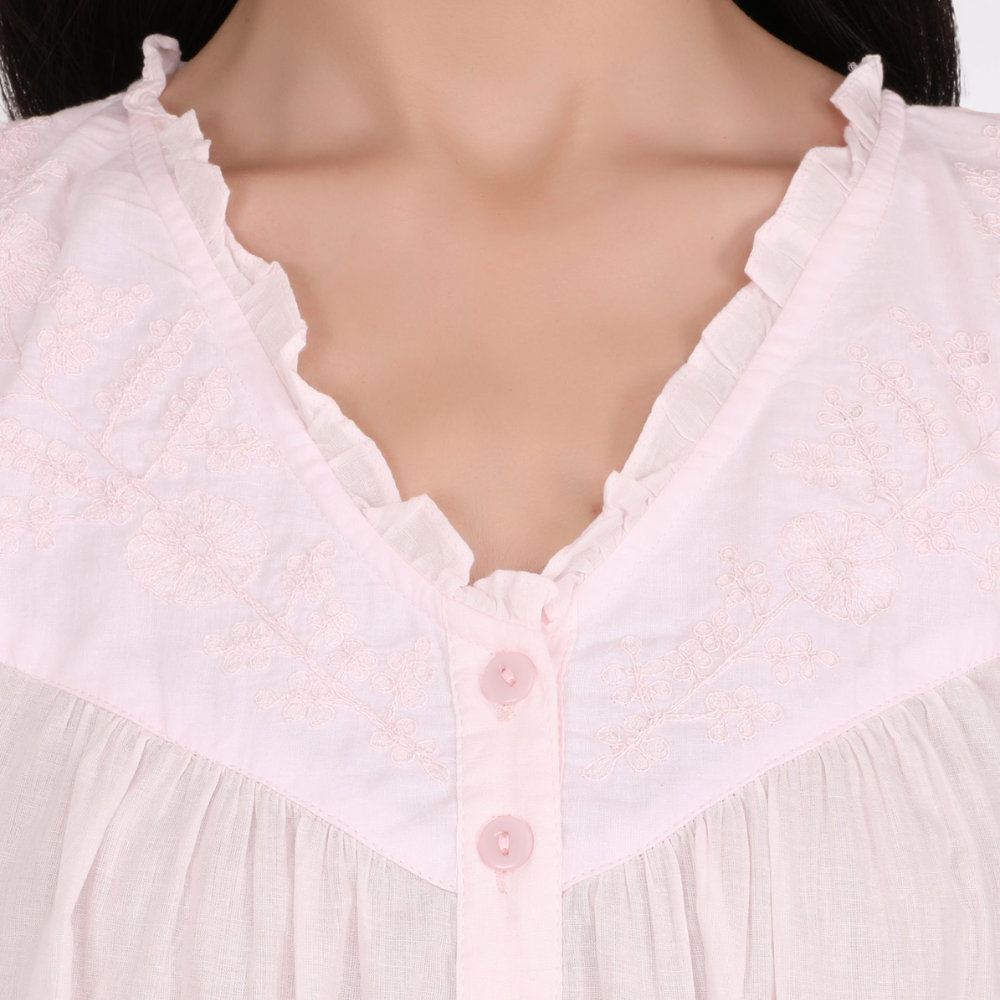 Close-up of a white lace-trimmed garment with pink buttons on a mannequin.