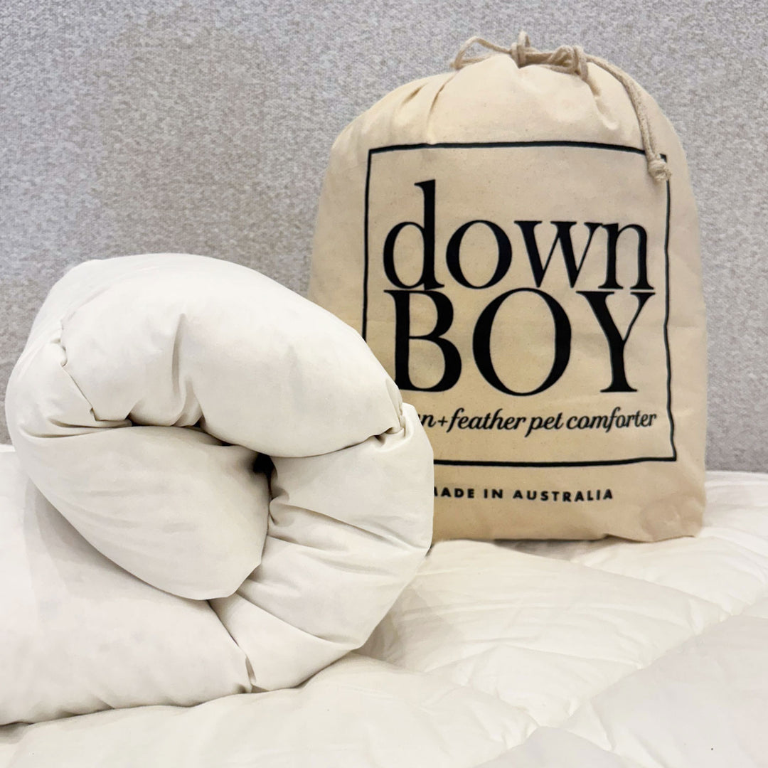 White pet comforter and beige storage bag labeled 'down BOY' on a light gray background