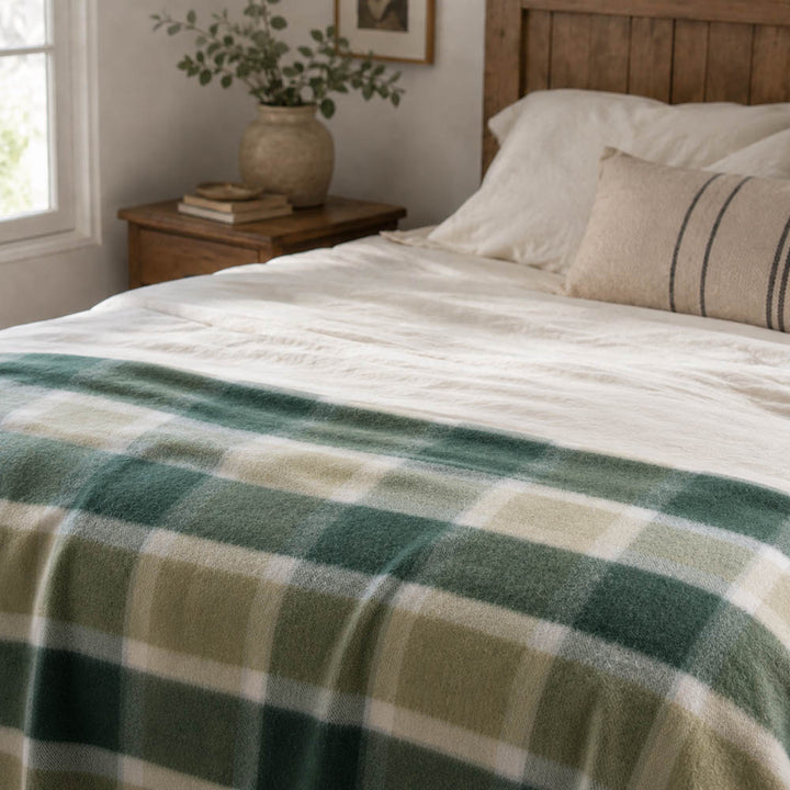 Nolan Green Check Wool Bamboo Blanket