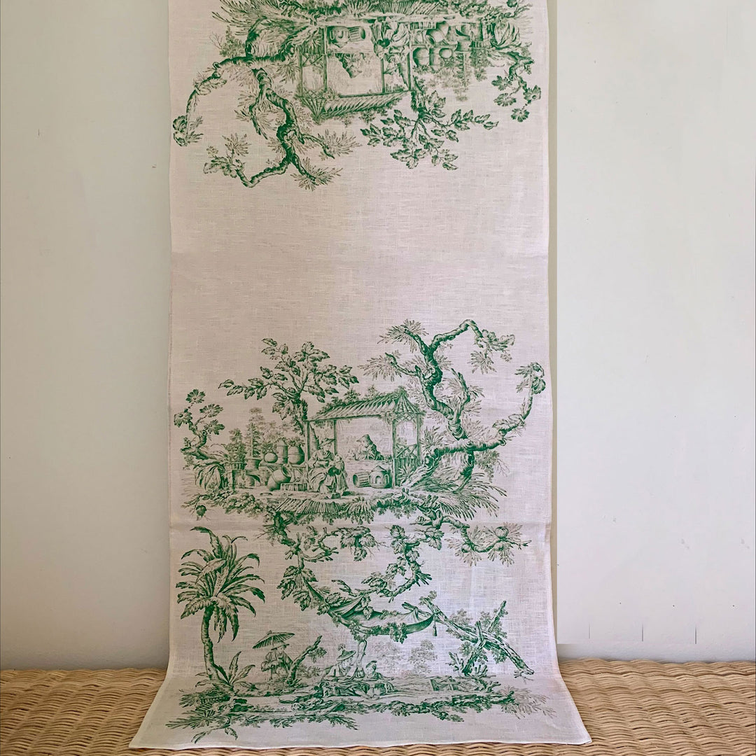 Green chinoiserie Linen Table Runner