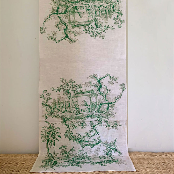 Green chinoiserie Linen Table Runner