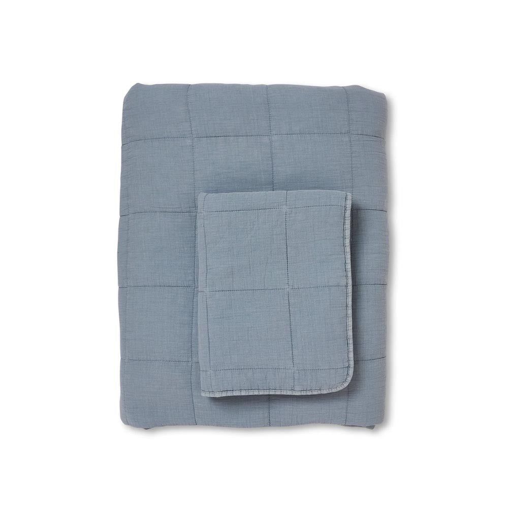 Bailey Light Blue Coverlet Set neatly folded showing quilted stitching