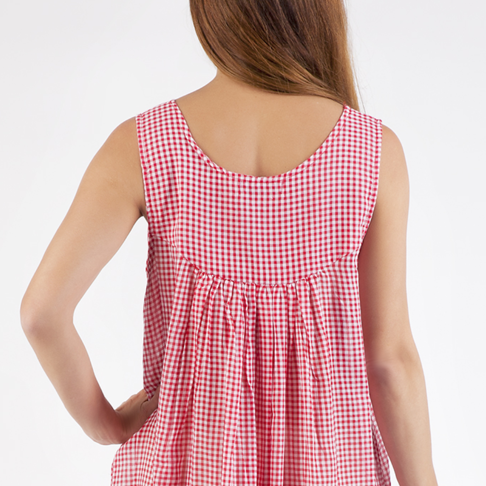 Red Gingham V-neck Lace Cotton Nightie