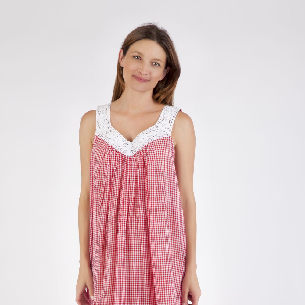 Red Gingham V-neck Lace Cotton Nightie