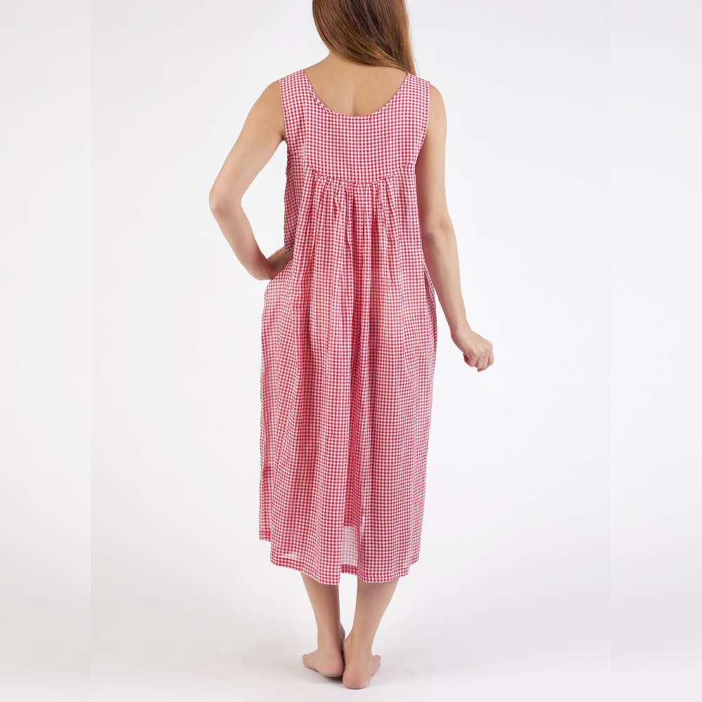 Red Gingham V-neck Lace Cotton Nightie
