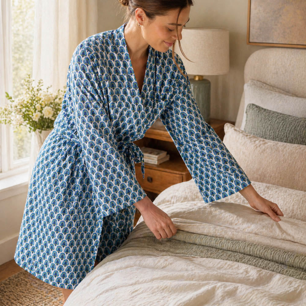 Woman in a blue patterned robe making the bed in a bedroom.